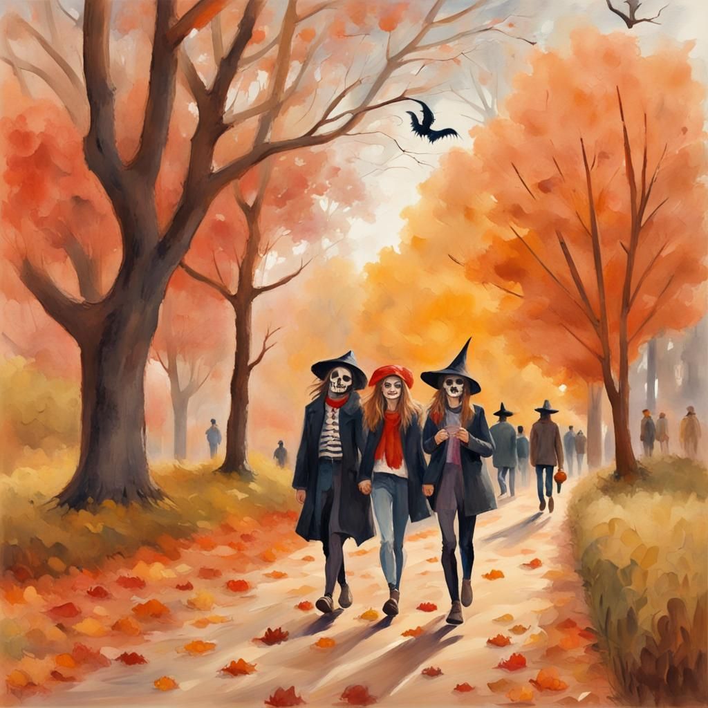 Halloween Walk in Gouache Style Impressionist Painting