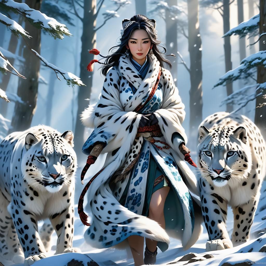 Asian Woman Battles Leopards in Snowy Himalayan Forest