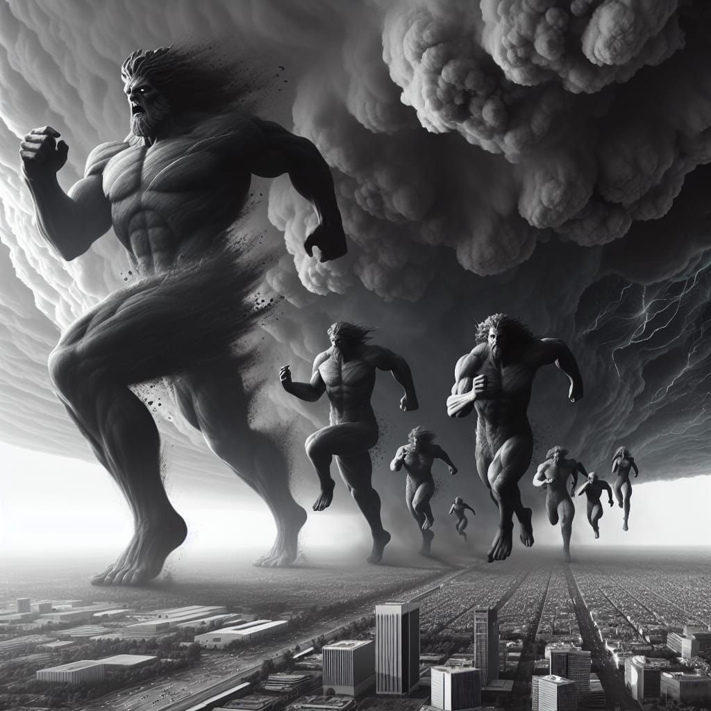 Giants Emerging from Storm Threaten City