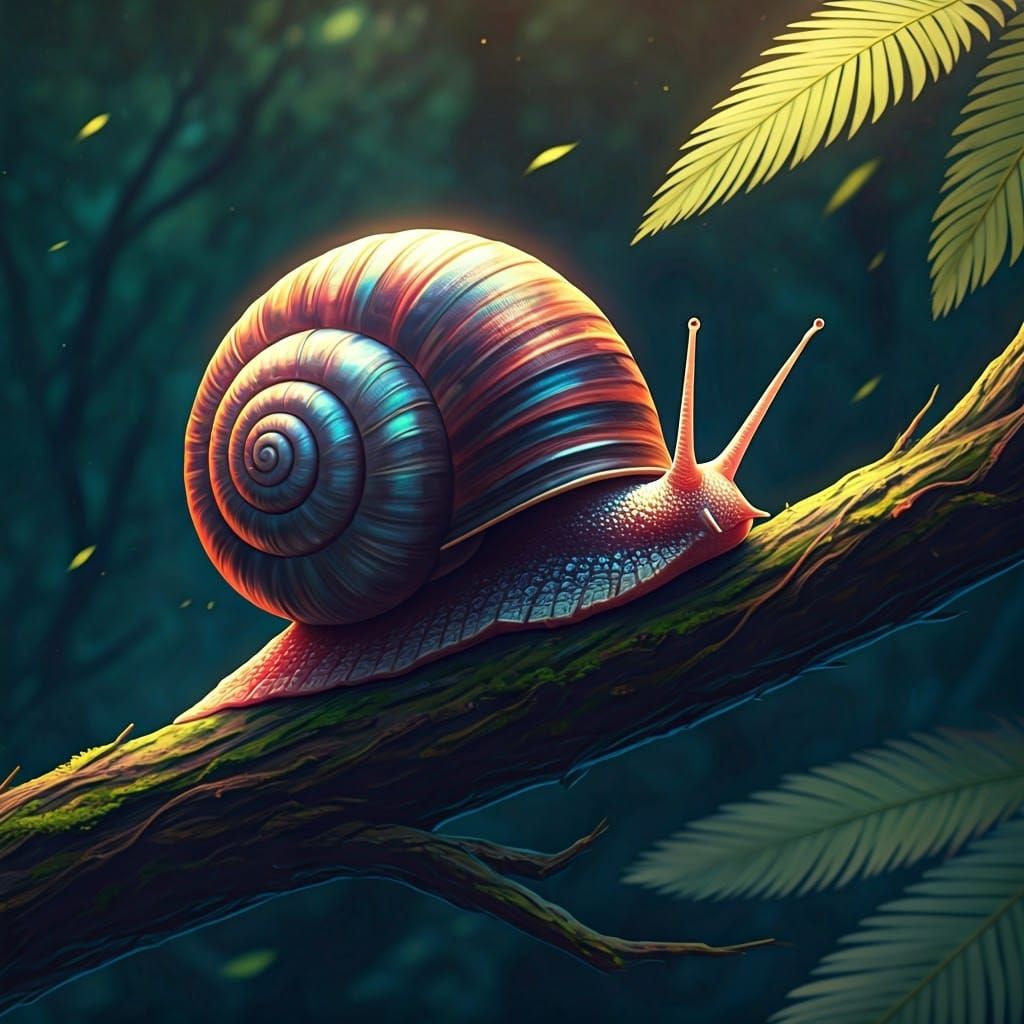 Iridescent Snail on Branch in Anime Style