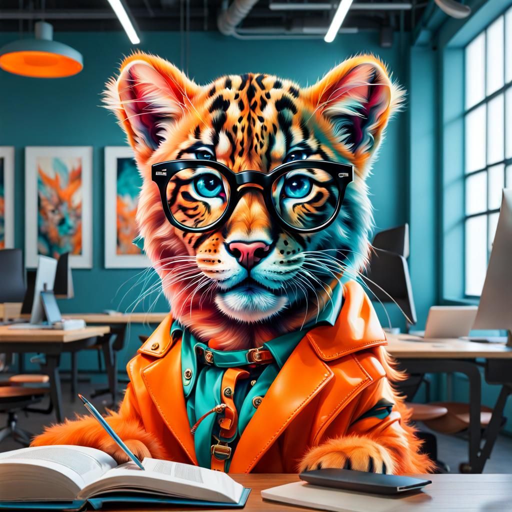 Cute orange panther in a studyroom...