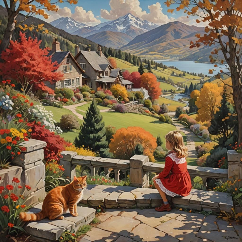 Girl and Cat in Garden, Oil Painting