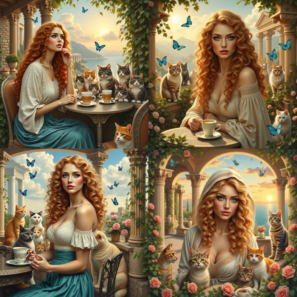 Greek Goddess in Whimsical Cat Cafe Scene