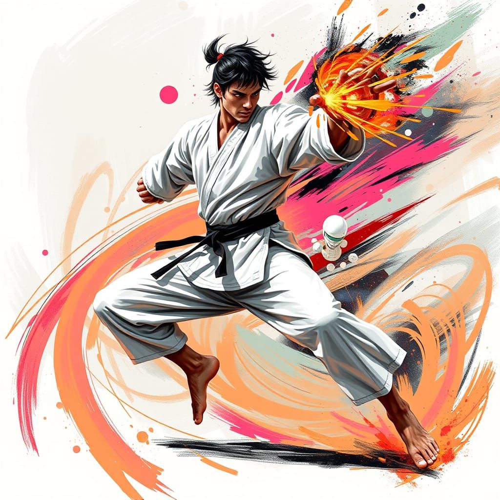 Dynamic Karate Art with Swirling Energy Trails