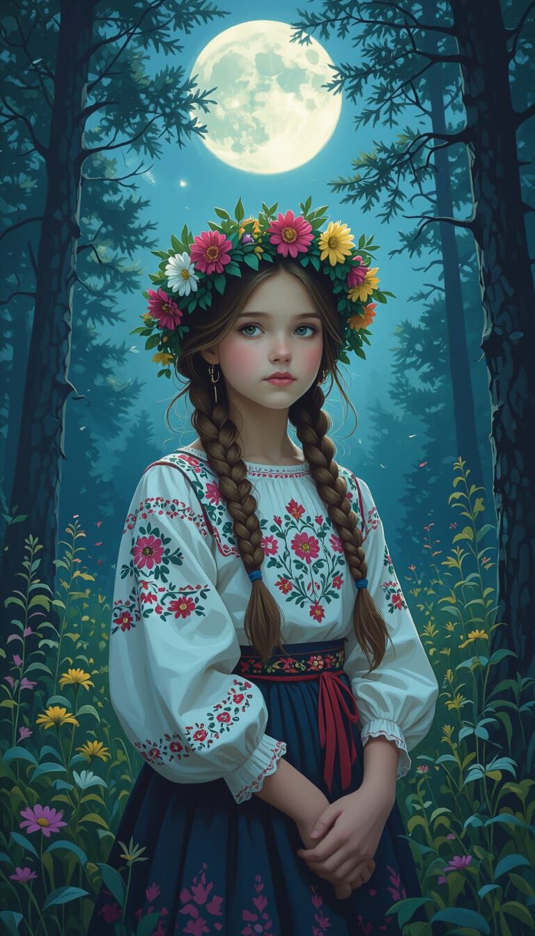 Ukrainian Girl in Moonlit Forest: Dark Fantasy Art