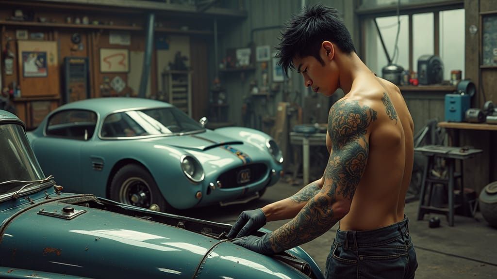 Tattooed Car Mechanic in Industrial Workshop