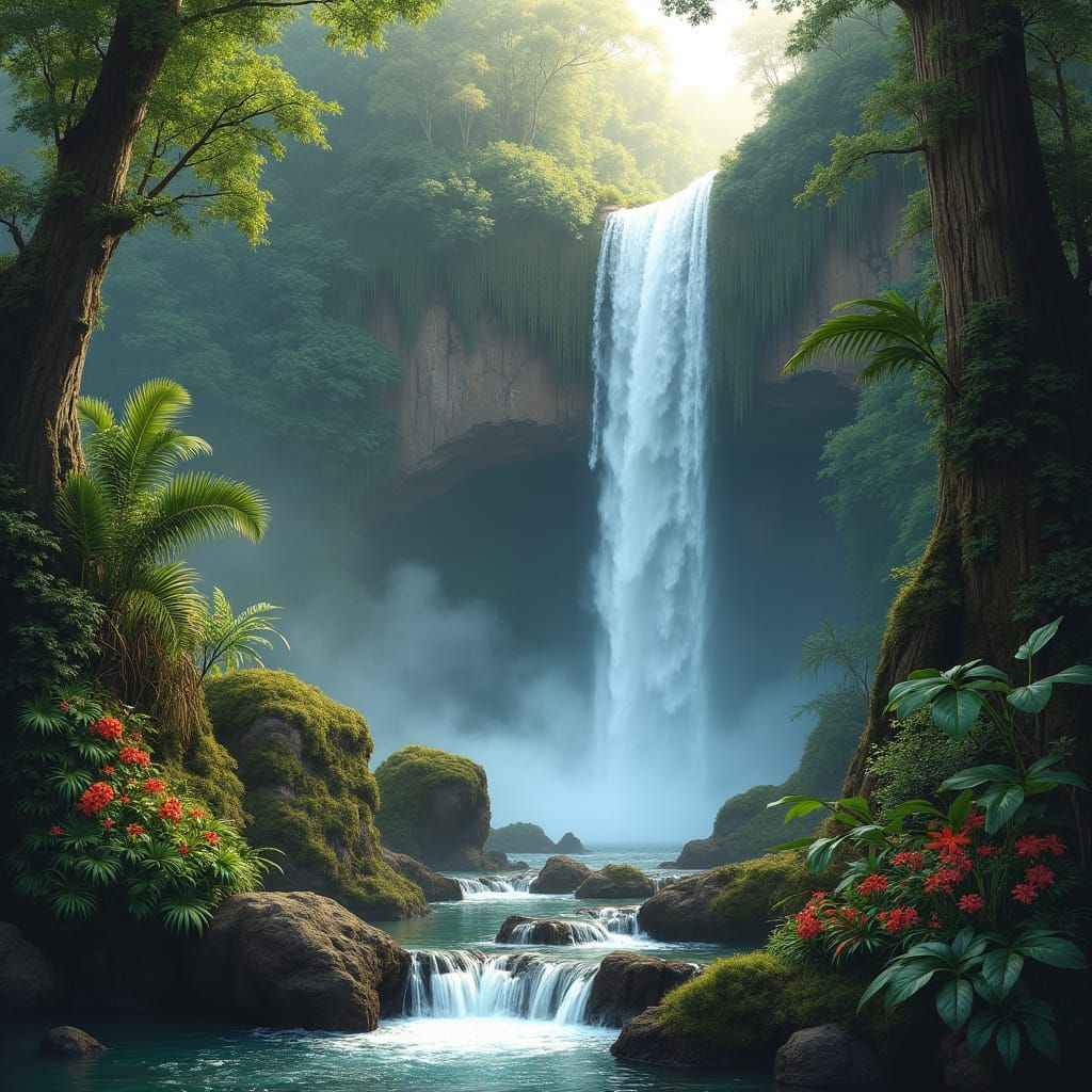 Misty Waterfall Landscape in 19th Century Style