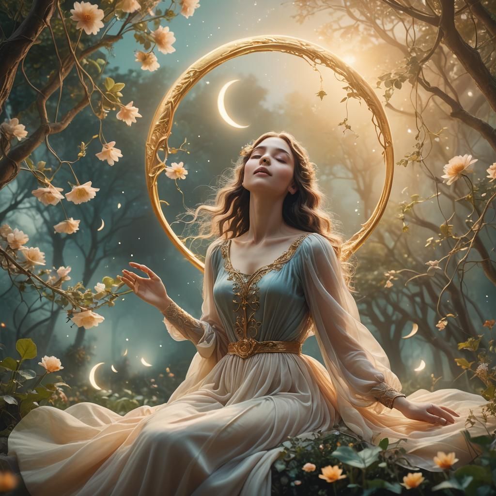 Woman in Surreal Garden with Glowing Moon