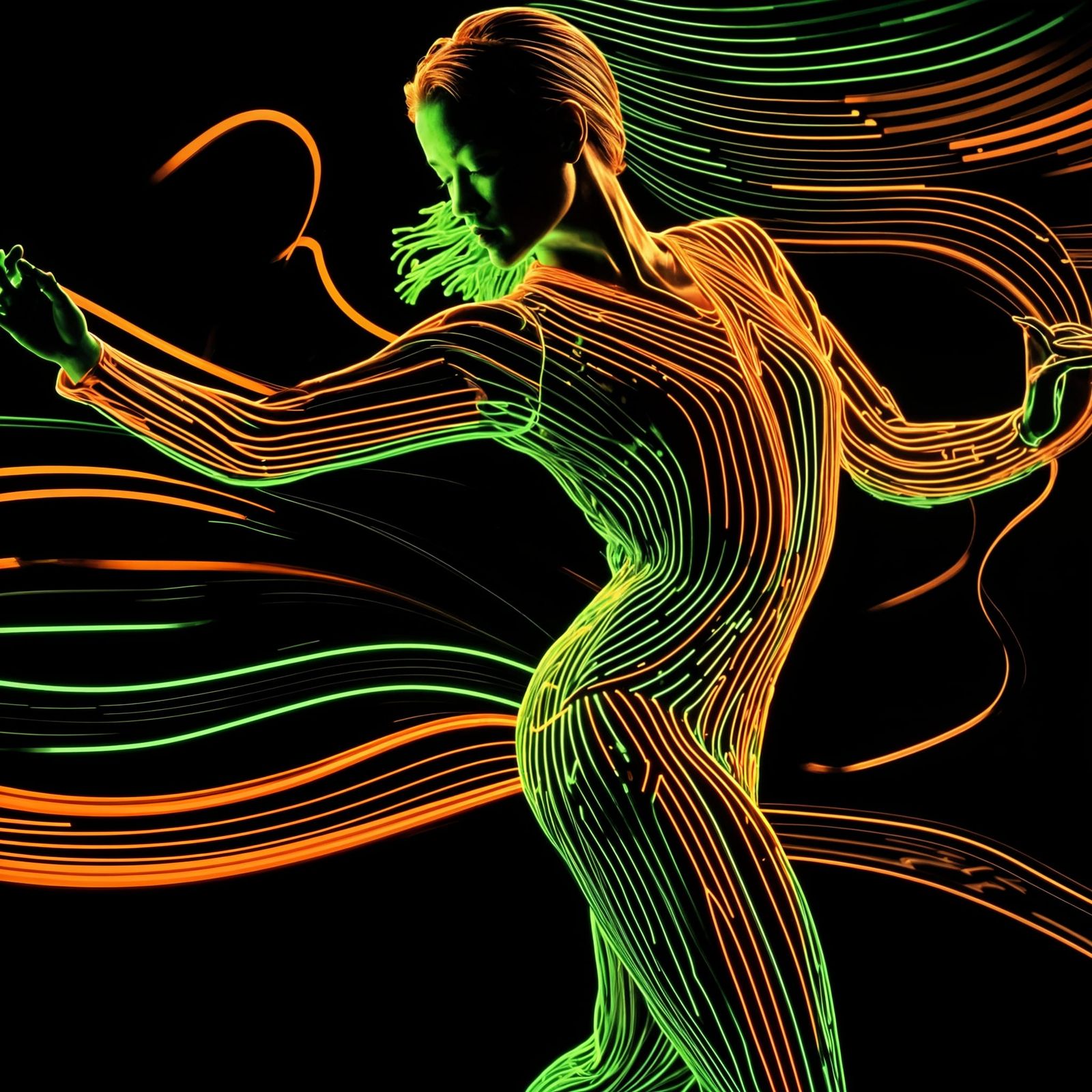 Woman Dancing with Neon Trails in Haring Style