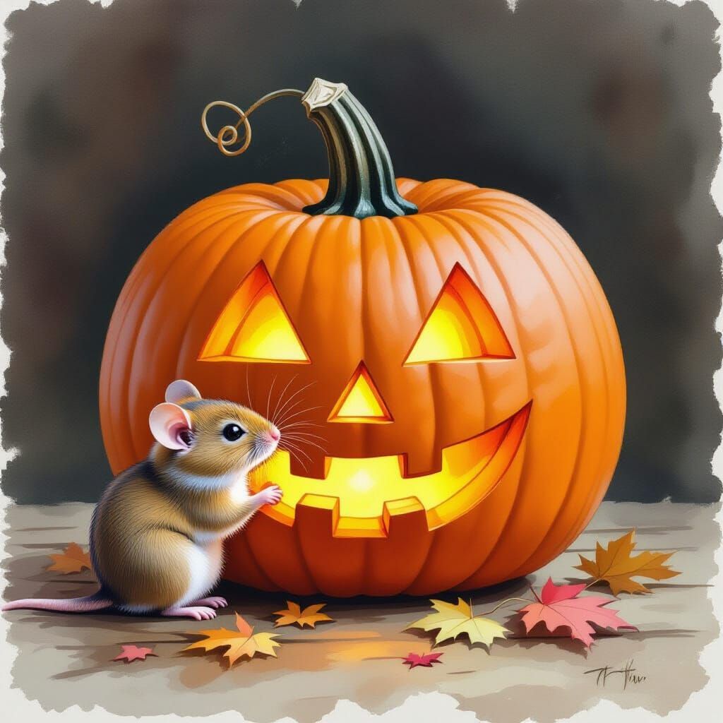 Mouse Nibbling a Jack-o'-Lantern in Watercolor