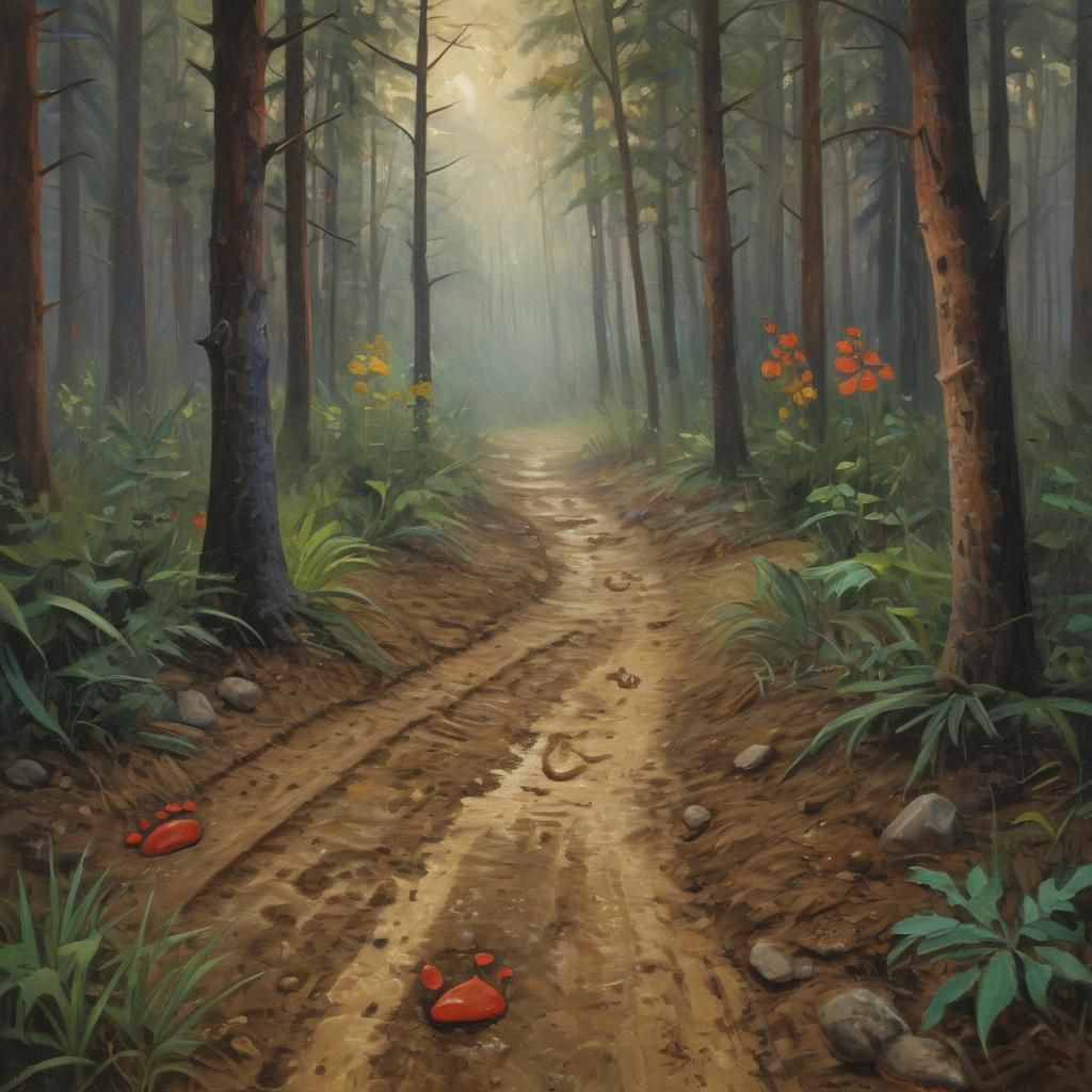 Vibrant Forest Animal Tracks in Oil Painting Style