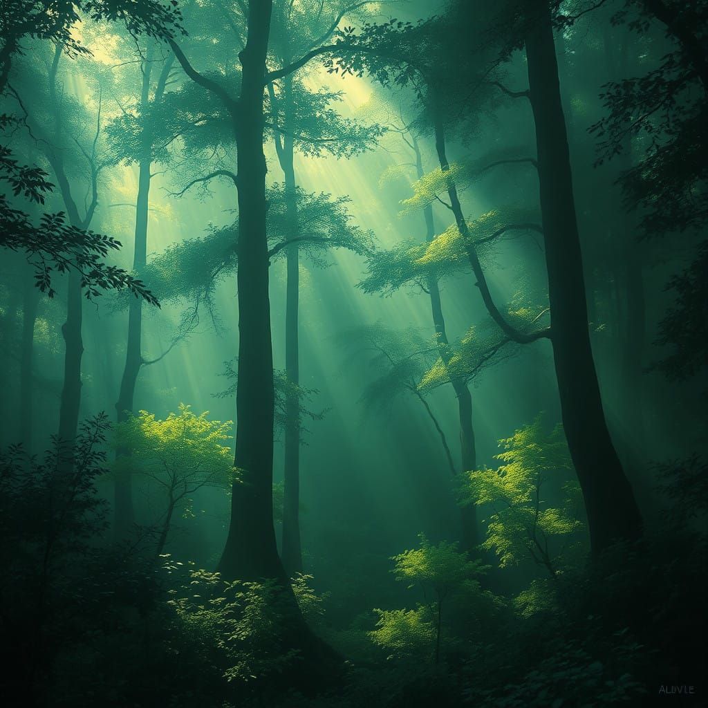 Enchanted Forest Radiates Whispers of Wonder in Soft Emerald...