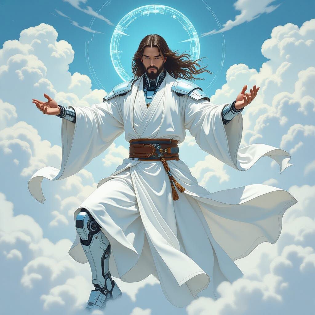 Cyborg Jesus Practices Tai Chi in Heavenly Sci-Fi Landscape