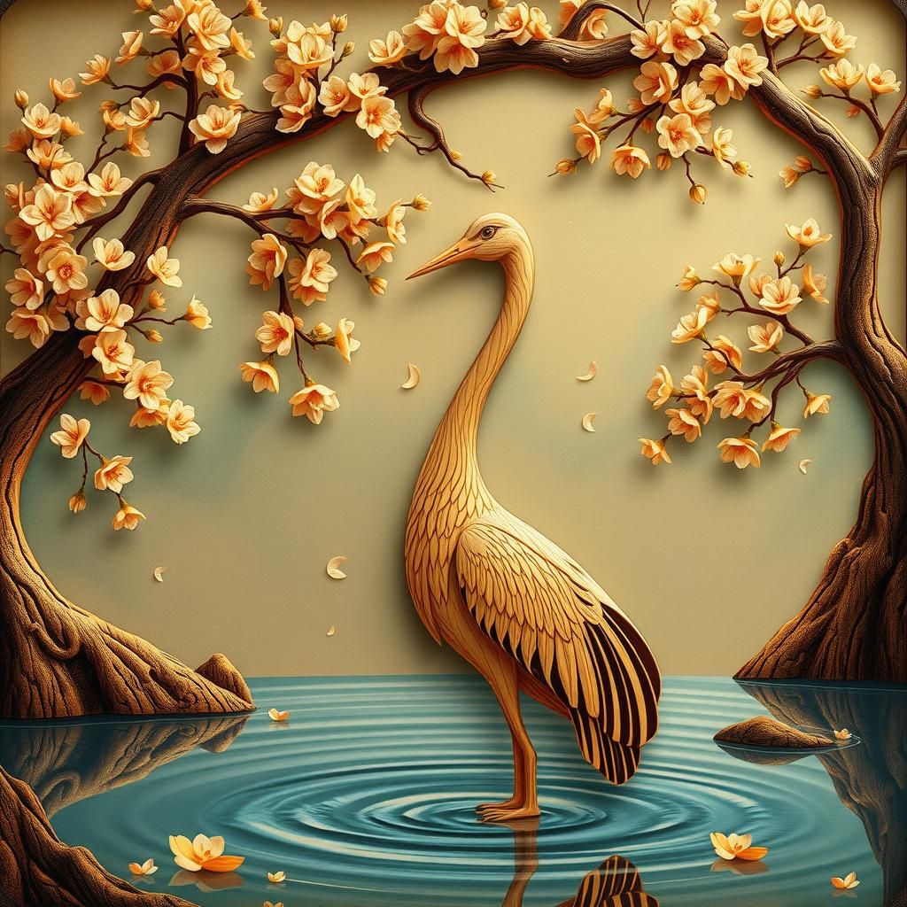 Crane Carving in Blossom Lake, Fantasy Art Style