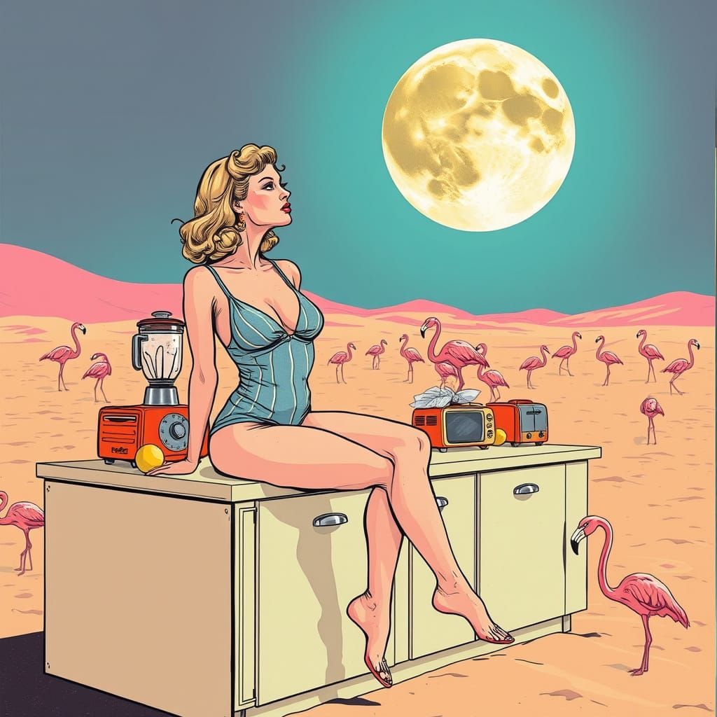 Retro Kitchen Surrealism: Blonde Pin-Up in Desert Dreamscape