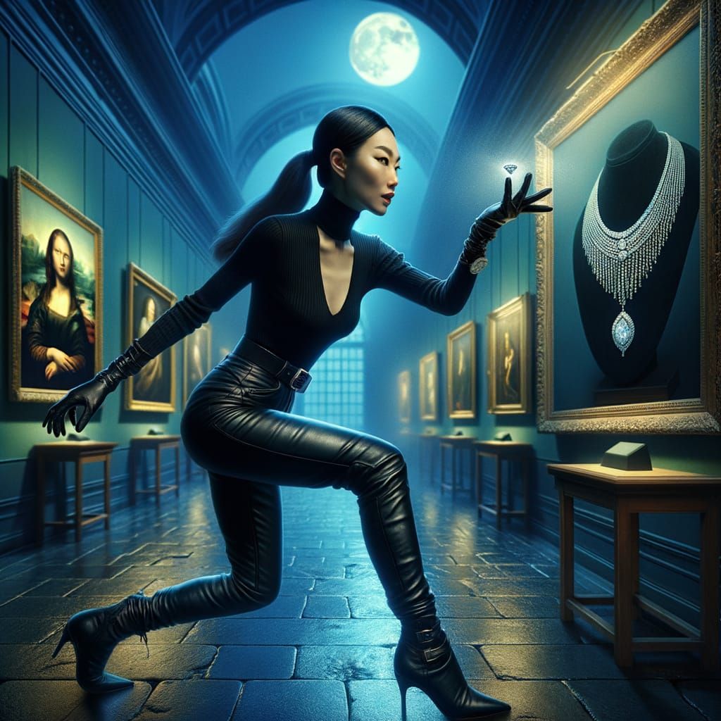 Elegant Jewel Thief in Midnight Museum