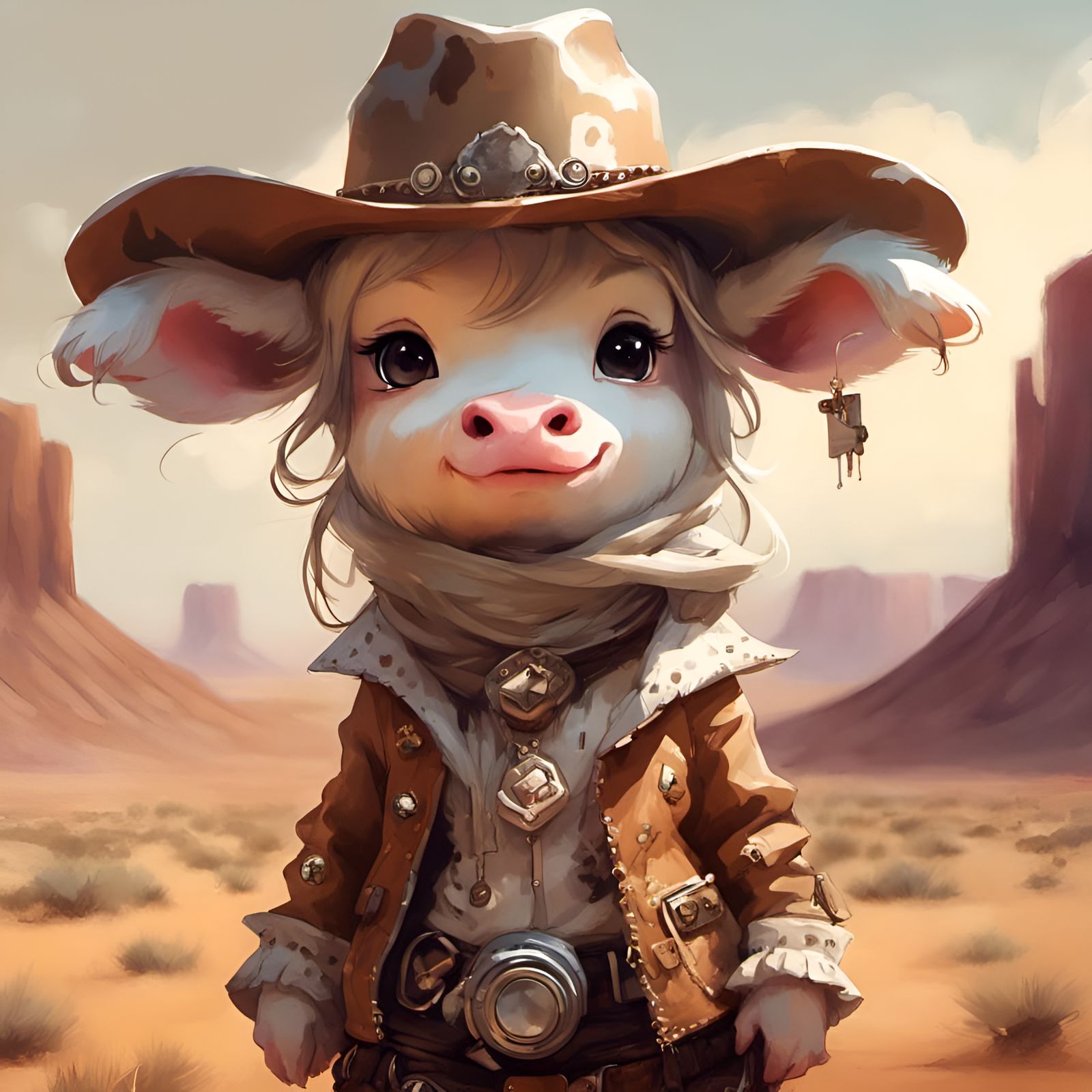 Chibi Cowgirl in Desert Landscape, Detailed Digital Art