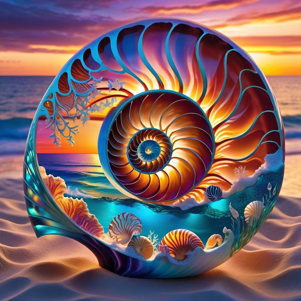 Nautilus Shell Reflecting a Sunset: Fantasy Art