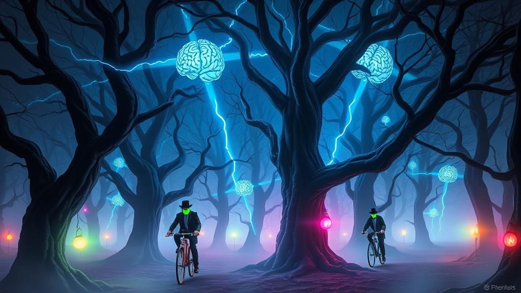 Mystical Forest with Apple-Faced Men in Surreal Style