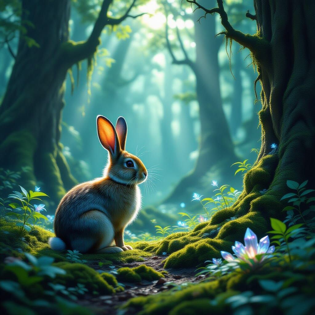 Majestic Rabbit in Enchanted Forest with Glowing Flora