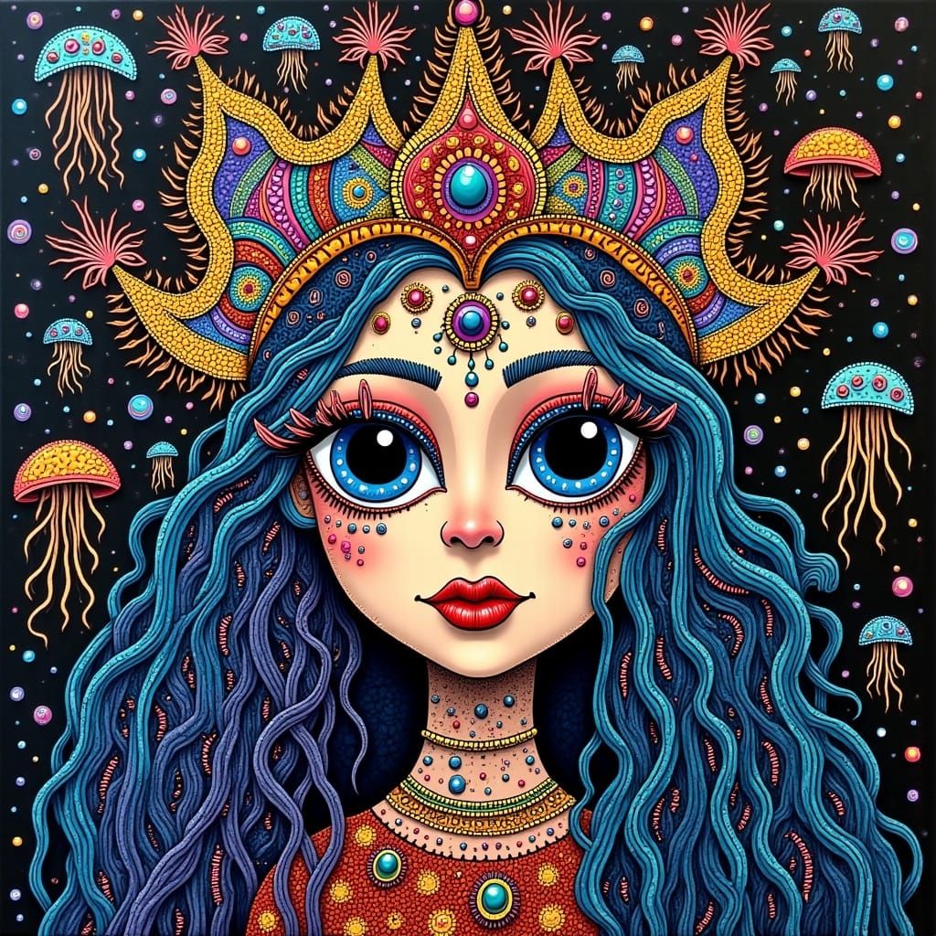 Underwater Fairy Mermaid with Jellyfish in Folk-Art Style