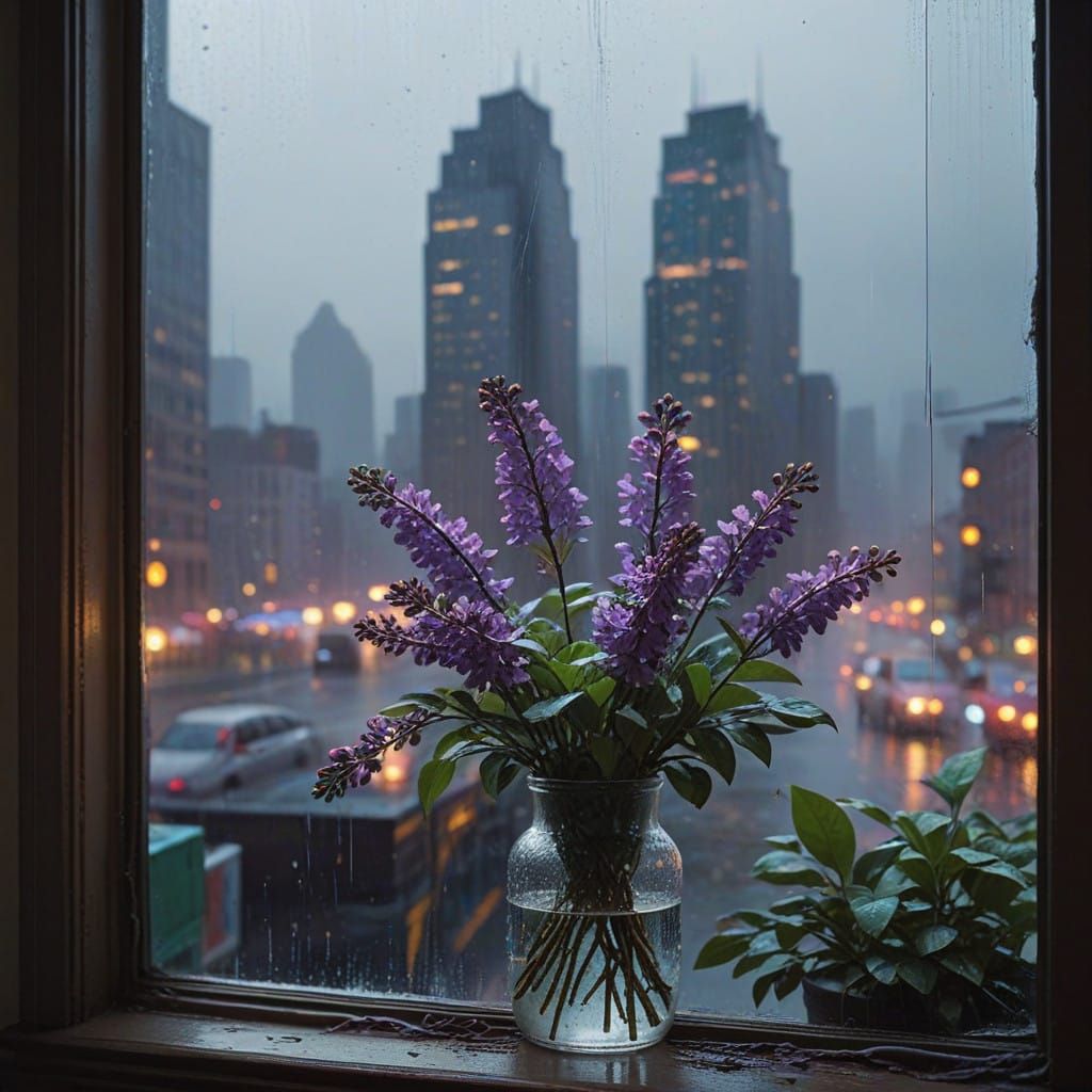 Rainy Window View of a Vibrant Lilac Branch in a Cityscape