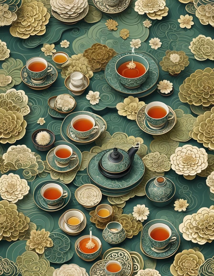 Japanese Tea Ceremony with Abstract Fractal Elements