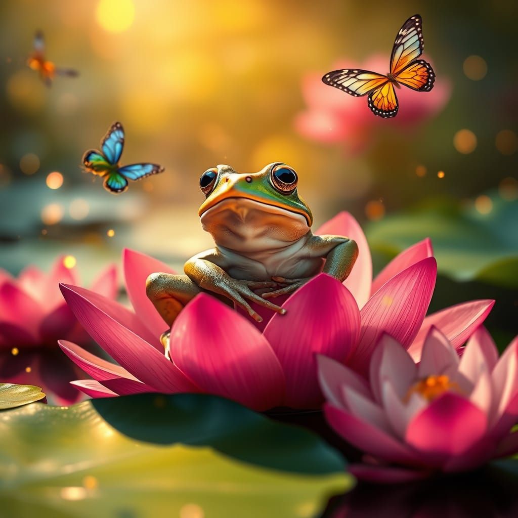 Surprised Frog in Fantasy Lotus Pond, Photorealistic Style