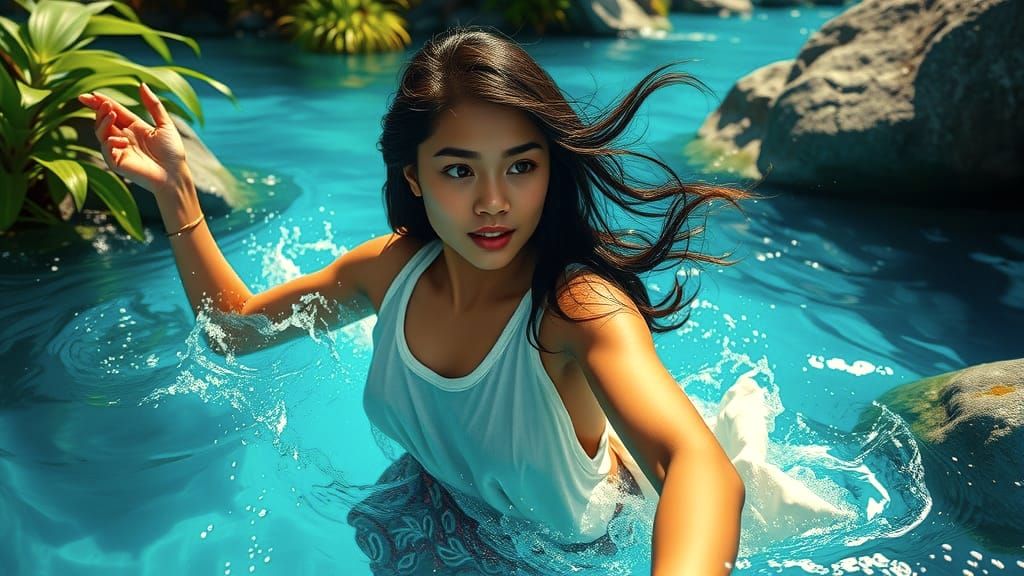 Indonesian Woman Swimming in Tropical River