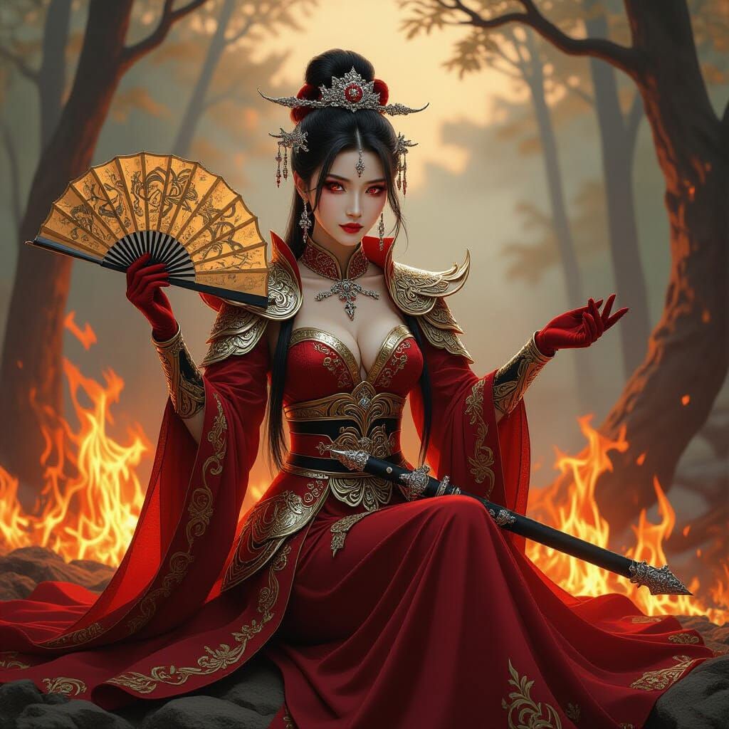 Goddess Warrior in Dragon Armor Amidst Forest Fire