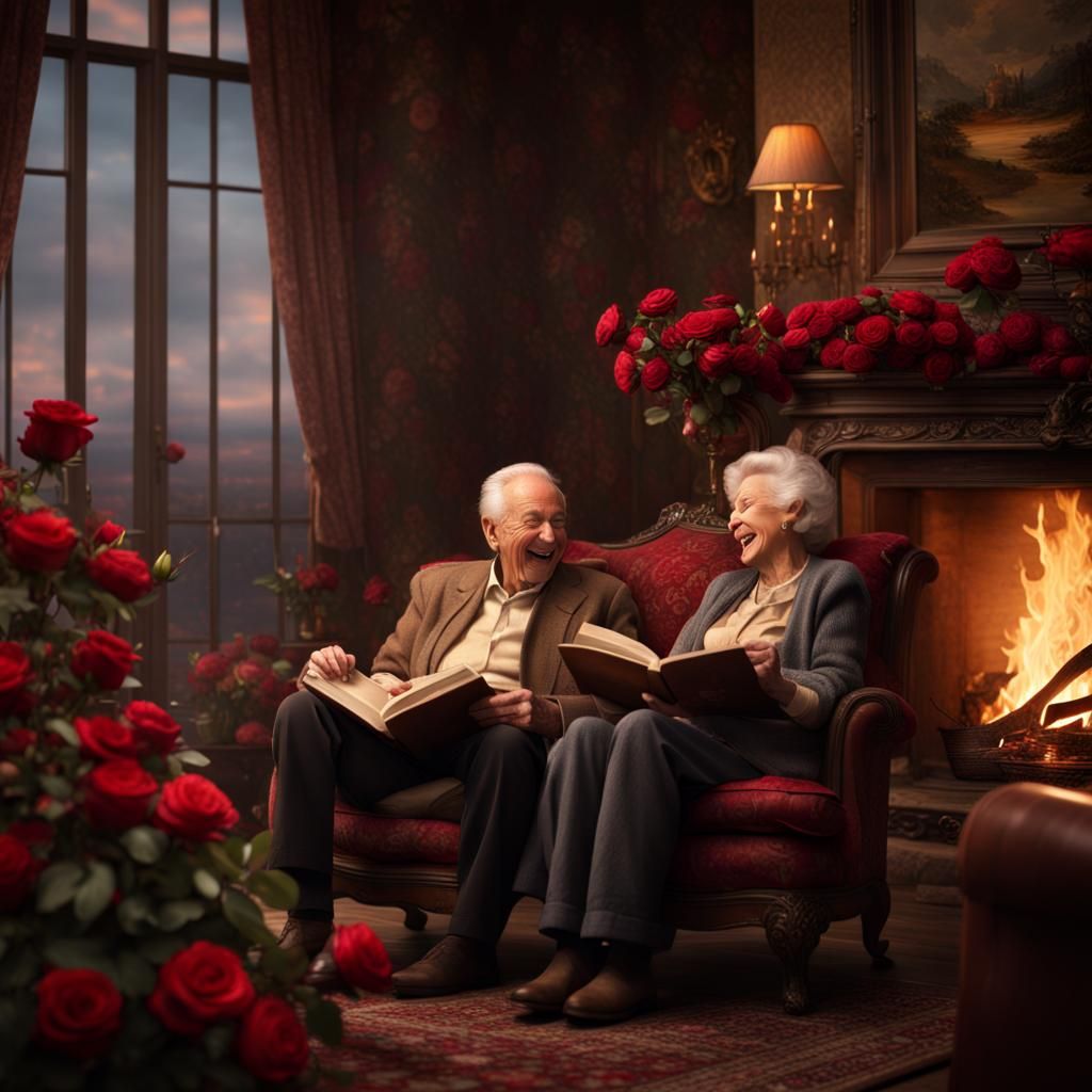 Laughing Couple Reading by Fireplace: Digital Matte Painting