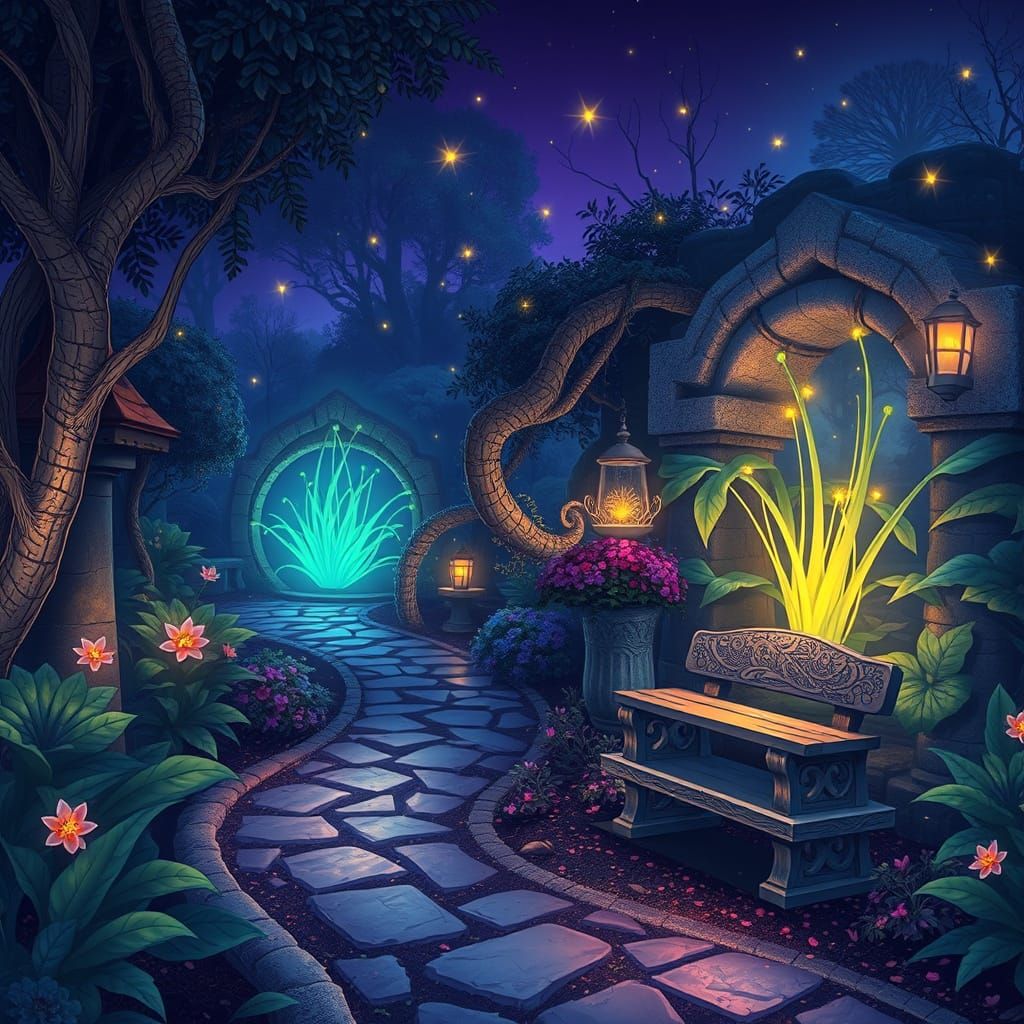 Mystical Garden at Night with Glowing Flora