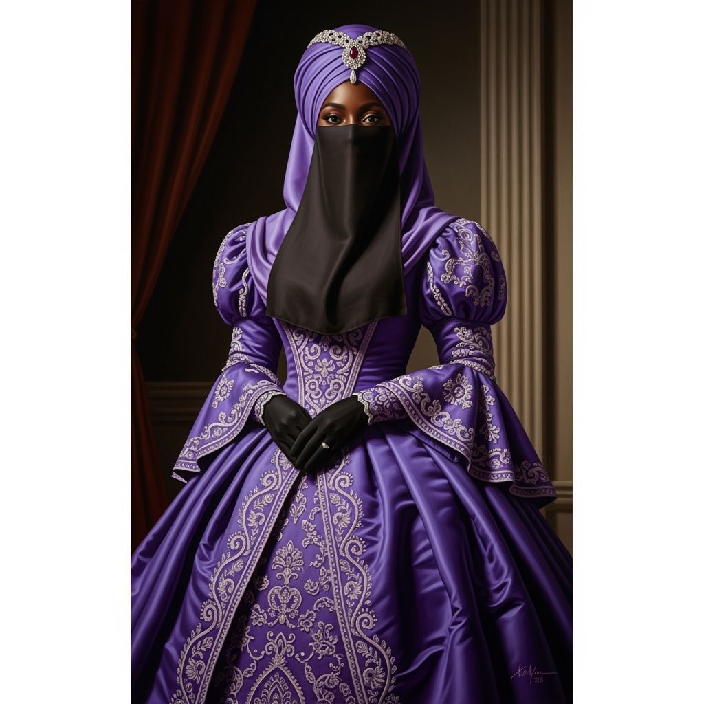 Regal Black Woman in Purple Niqab and Ball Gown