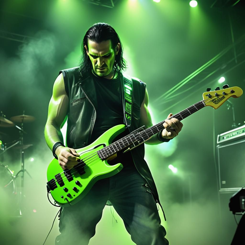 Musician Performing on Stage with Green Bass