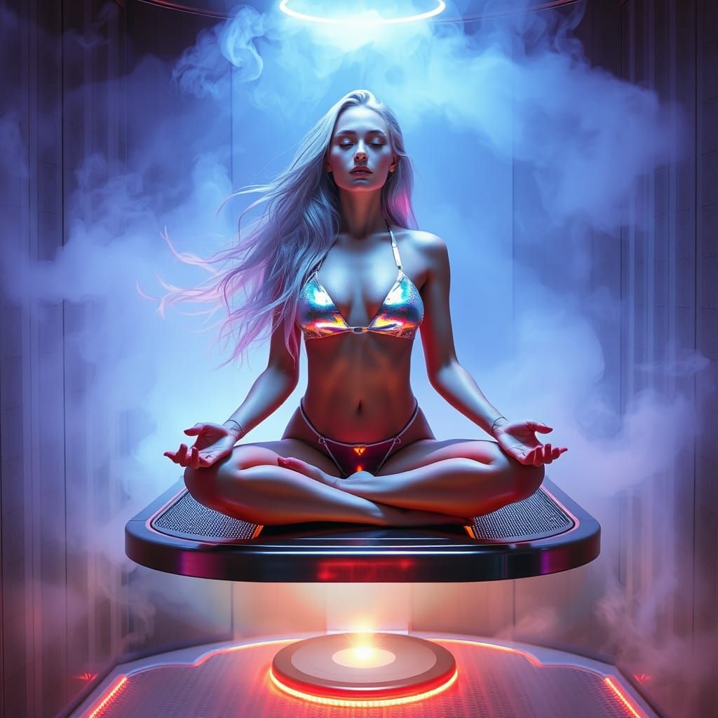 Sci-Fi Woman Meditating in Holographic Sauna