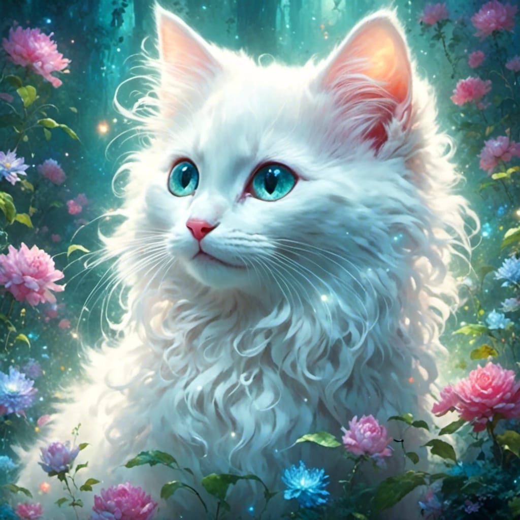 Smiling White Kitten in Dreamy Ethereal Mist
