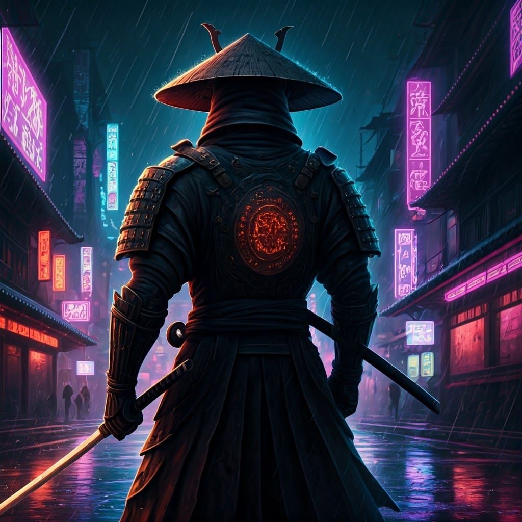 Cyberpunk Samurai Warrior in Neon Cityscape