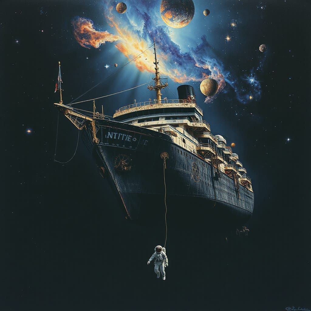 Astronaut Adrift Beside Skeletal Space Leviathan Ship