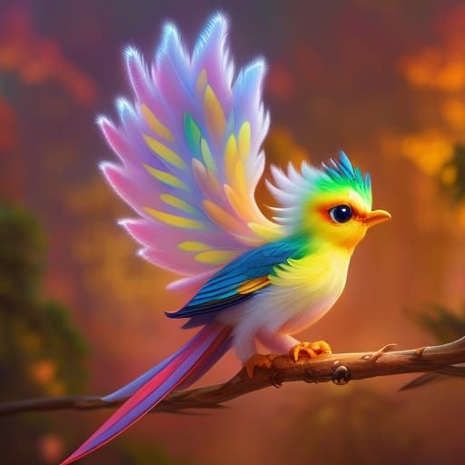Chibi Phoenix Bird with Rainbow Feathers