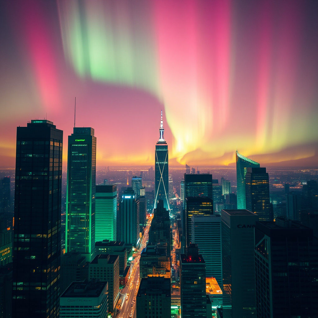 Emerald Metropolis Under Aurora Borealis