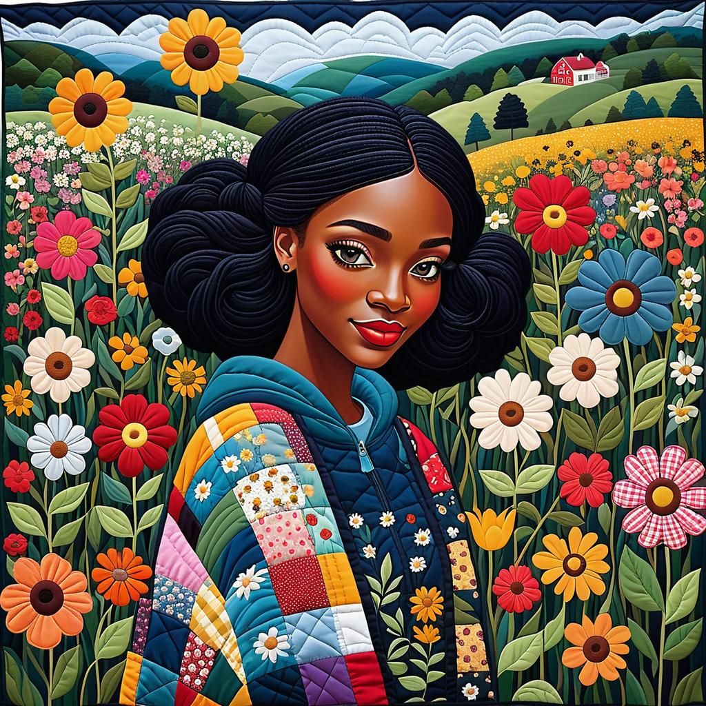 Girl in Flower Meadow as Patchwork Quilt Art