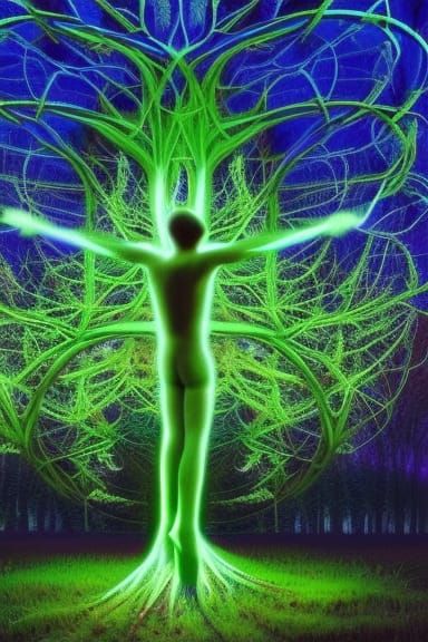 Tree-Human Hybrid with Neon Lighting and Fractals