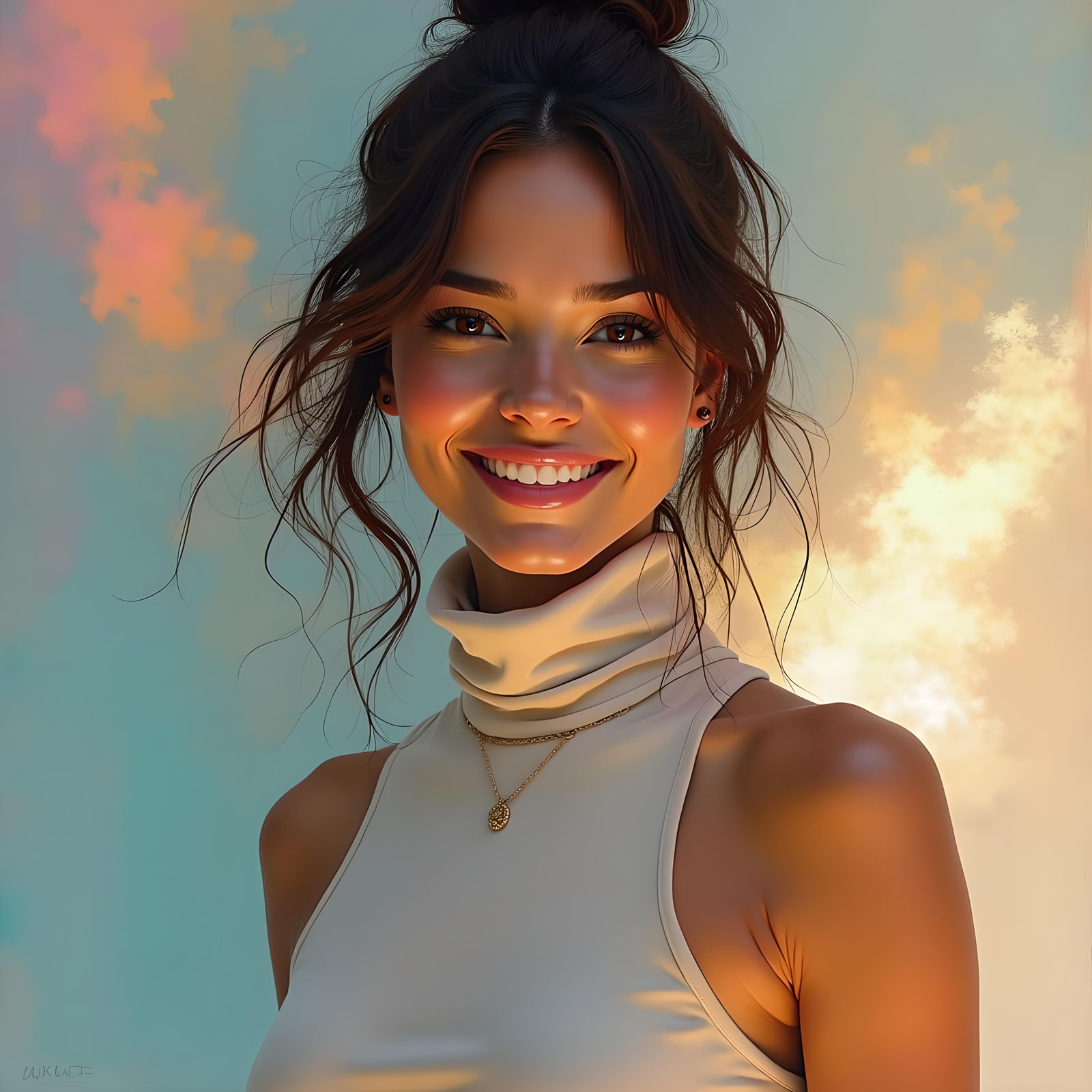 Happy Woman in Ethereal Iridescent Mist