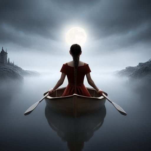 Girl in Rowboat on Foggy Lake: Detailed Matte Painting