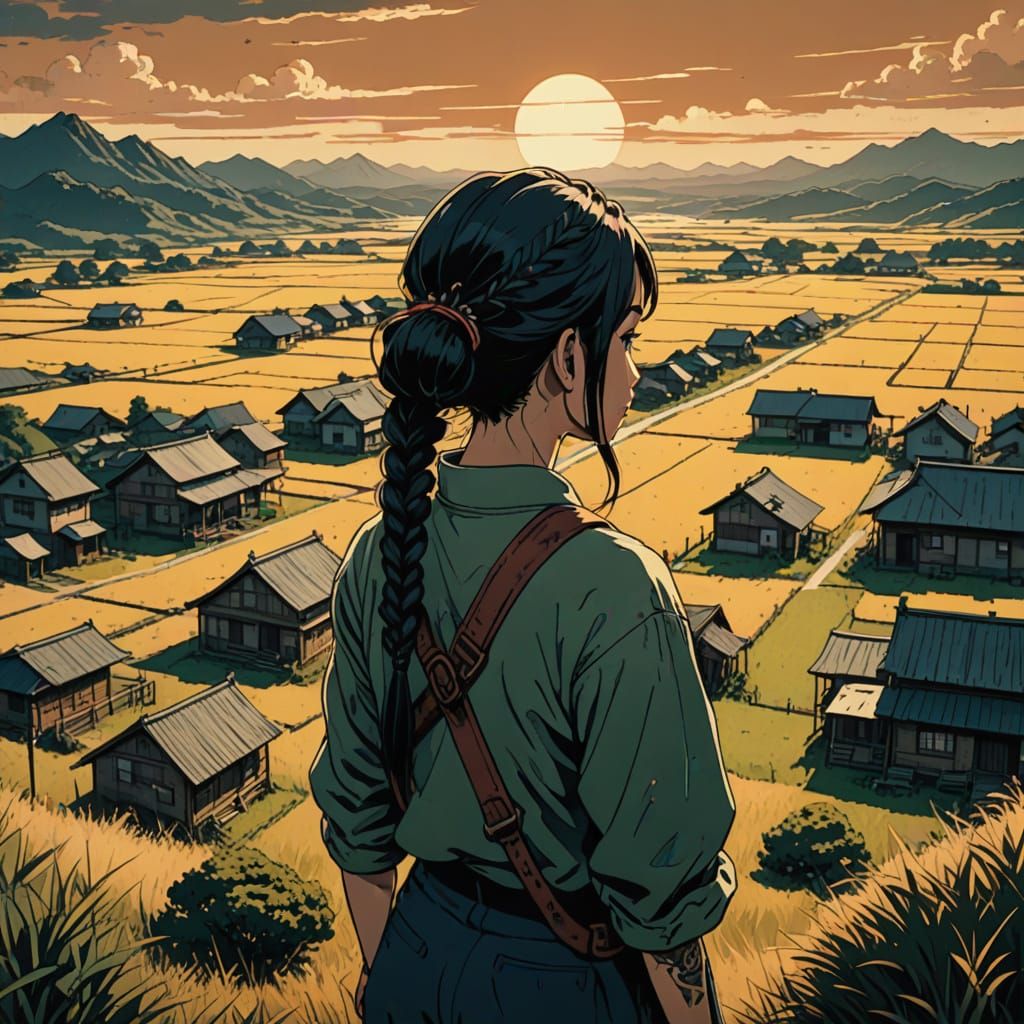 Anime Style Naturis Woman in Rural Landscape