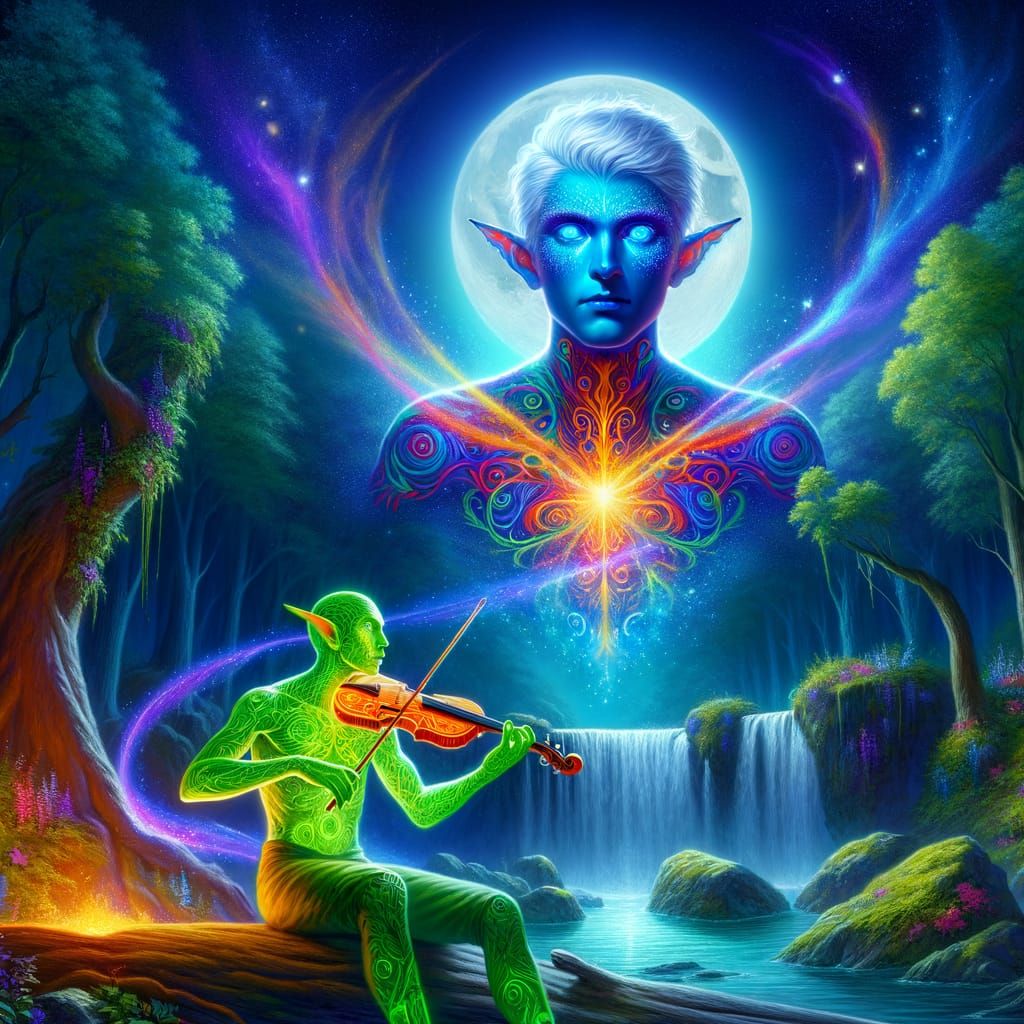 Radiant Elf Levitates Above Violinist in Moonlit Waterfall S...