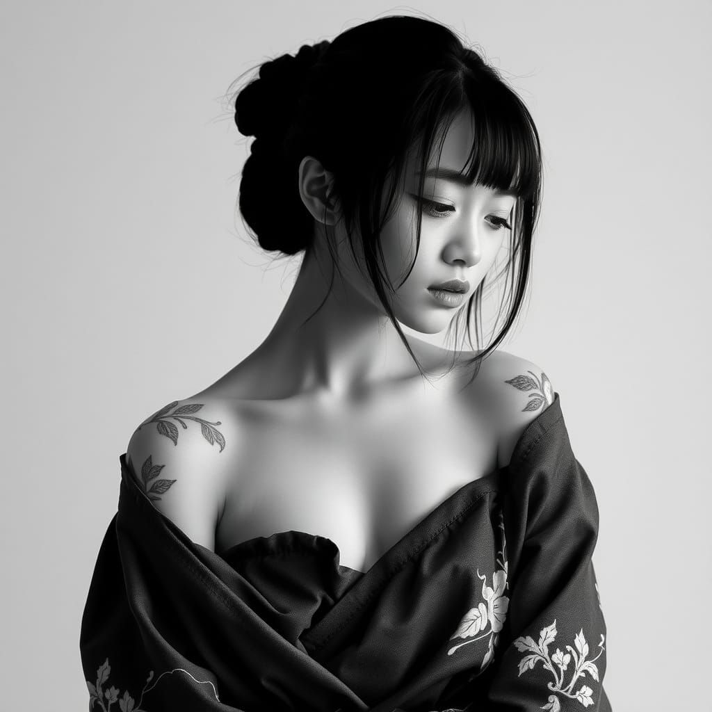 Japan Model with Traditional Tattoos in Film Noir Style