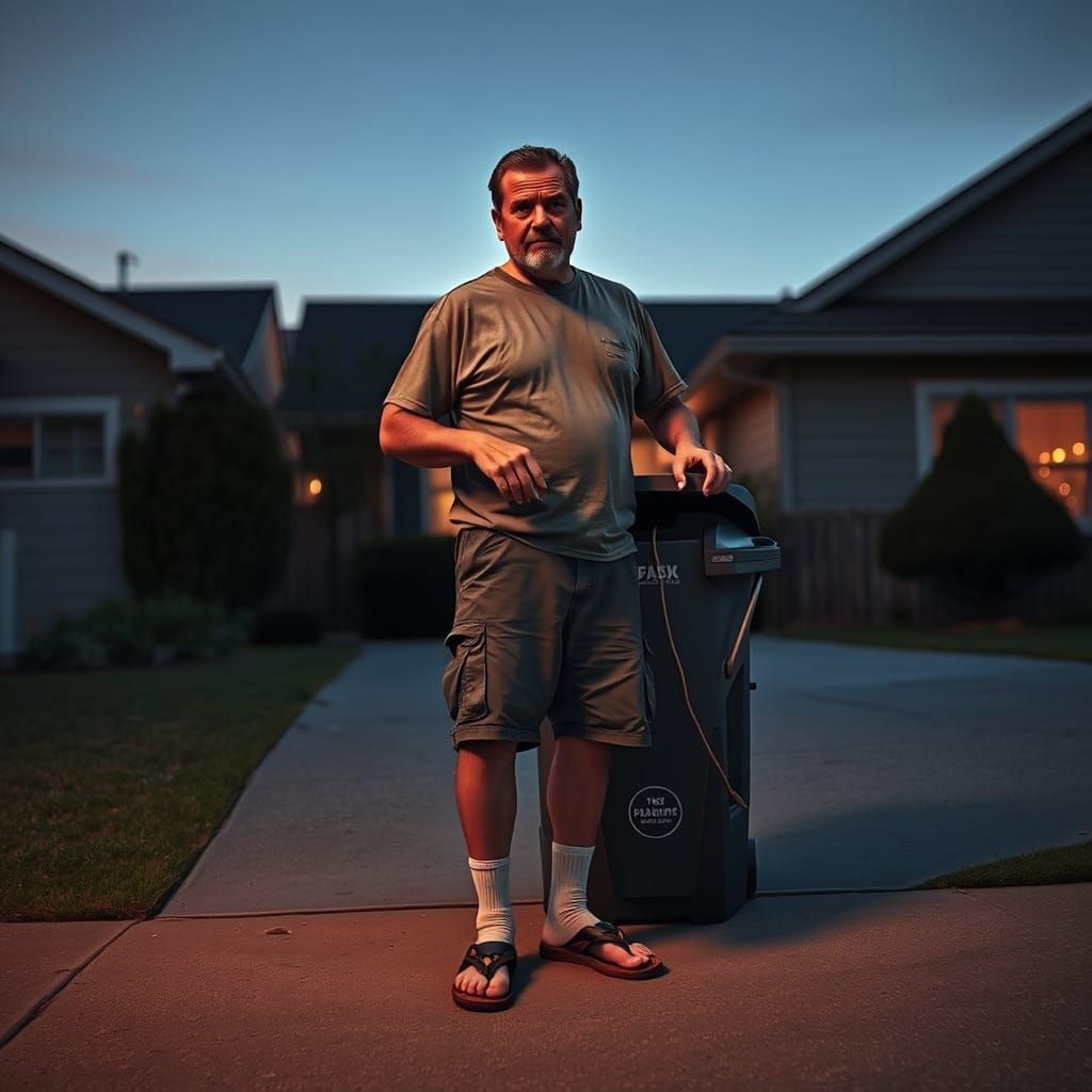 Suburban Dad Taking Out Trash, Hyperrealistic Digital Art