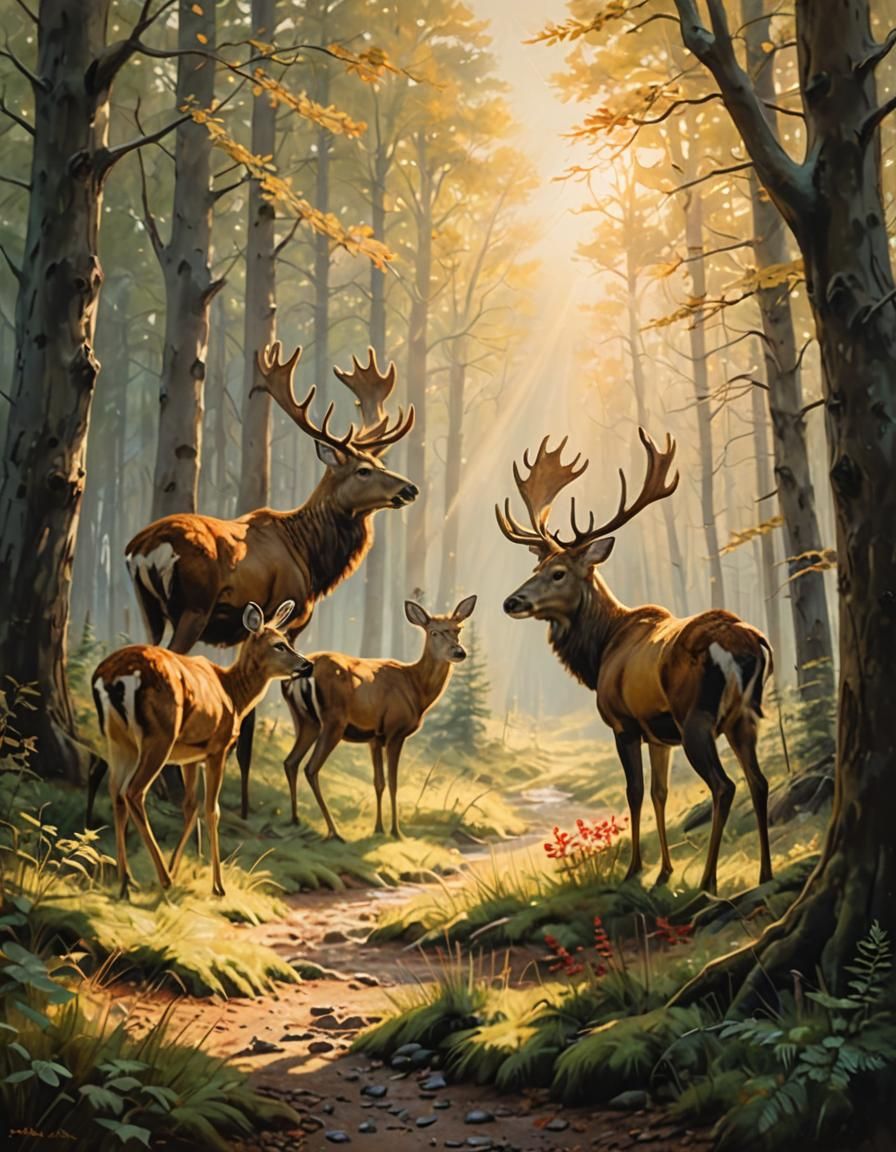 Deer Family in Forest: Oil Painting