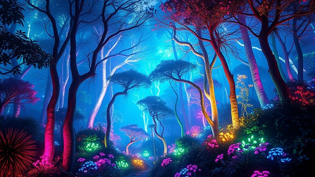 Ethereal Hyperrealistic Forest in Pastel Rainbow Hues